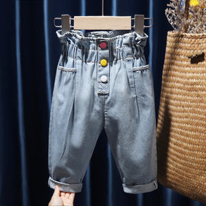 Kid's Cotton Mid Elastic Waist Closure Casual Wear Denim Pants