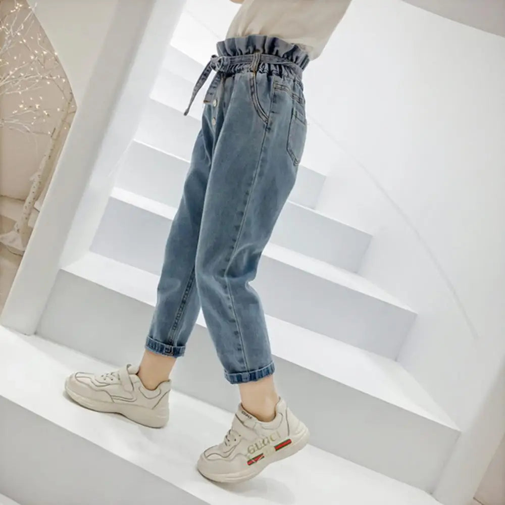 Kid's Cotton Mid Elastic Waist Closure Casual Wear Denim Pants