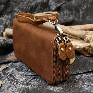 Men's Genuine Leather Solid Pattern Double Zipper Shoulder Bag