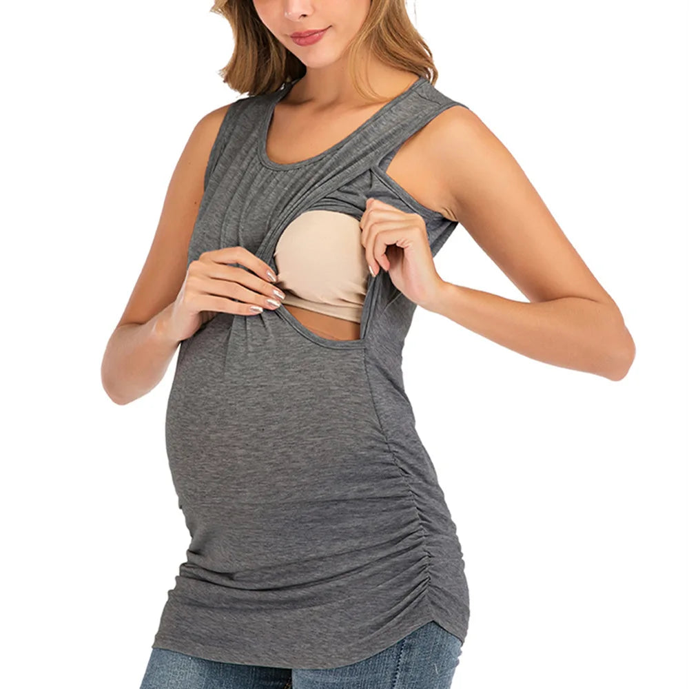 Women's Polyester O-Neck Sleeveless Solid Pattern Maternity Top