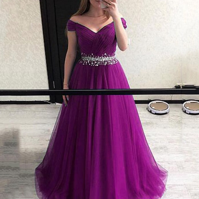 Women's Polyester Off-Shoulder Sleeveless Elegant Evening Dress