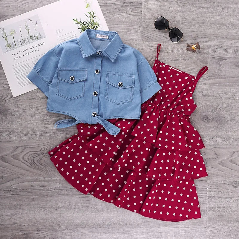 Kid's Cotton Turn-Down Collar Short Sleeve Dotted Pattern Clothes