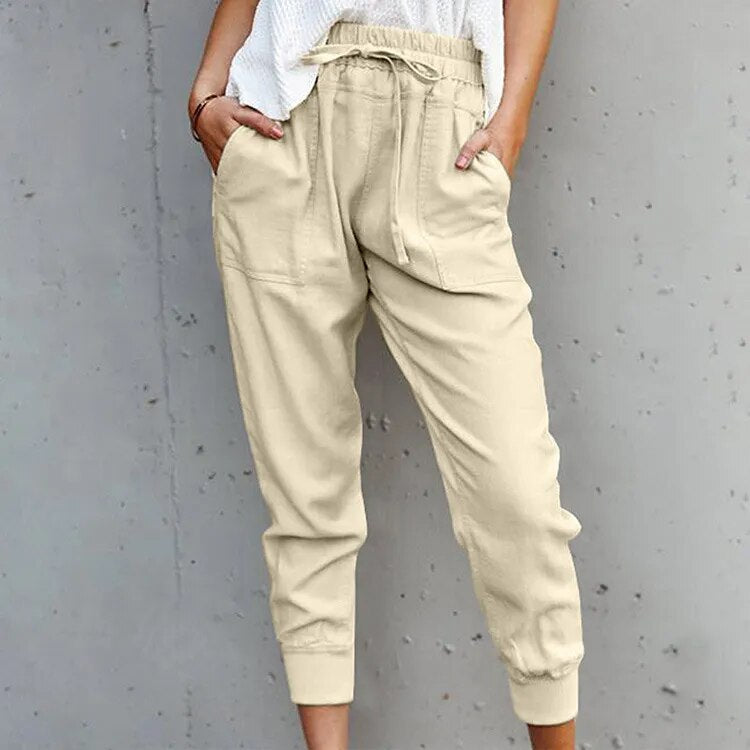 Women's Polyester Drawstring Closure Solid Pattern Casual Trousers