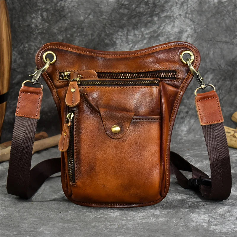 Men's Genuine Leather Solid Pattern Zipper Multifunction Waist Pack