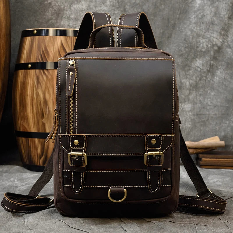 Men's Genuine Leather Zipper Closure Solid Pattern Shoulder Bag