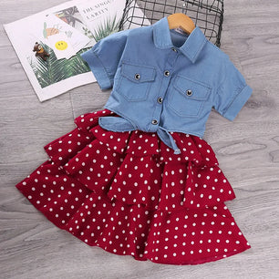 Kid's Cotton Turn-Down Collar Short Sleeve Dotted Pattern Clothes