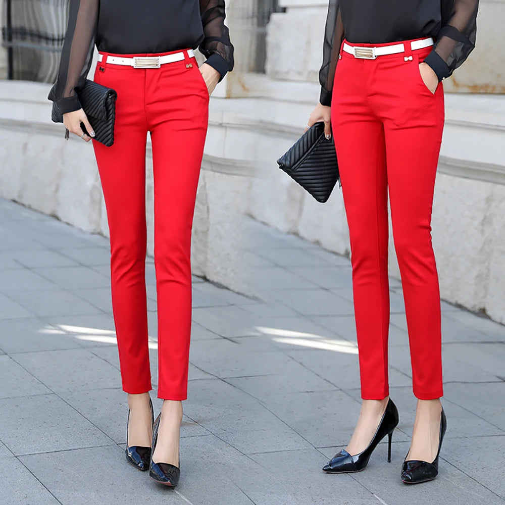 Women's Spandex High Elastic Waist Zipper Fly Closure Formal Pants