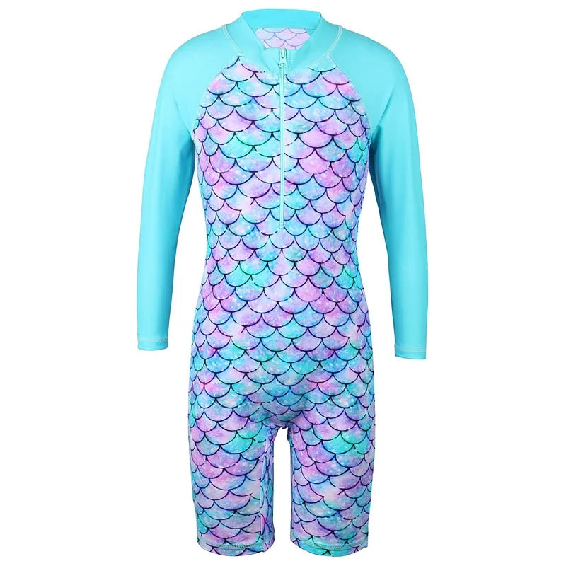 Kid's Nylon O-Neck Long Sleeves Printed Pattern Swimwear Suit