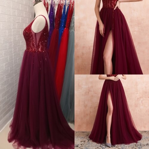 Women's V-Neck Polyester Beading Evening Formal Backless Dress