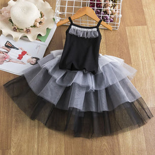 Kid's Mesh Square-Neck Sleeveless Mixed Colors Party Wear Dress