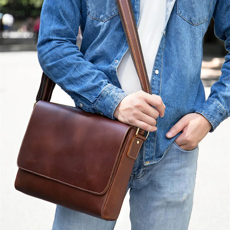 Men's Genuine Leather Zipper Closure Flap Pocket Shoulder Bag