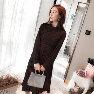 Women's Spandex Boat Neck Long Sleeve Pleated Maternity Dress