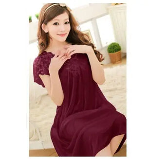 Women's Silk V-Neck Short Sleeves Solid Pattern Sleepwear Dress