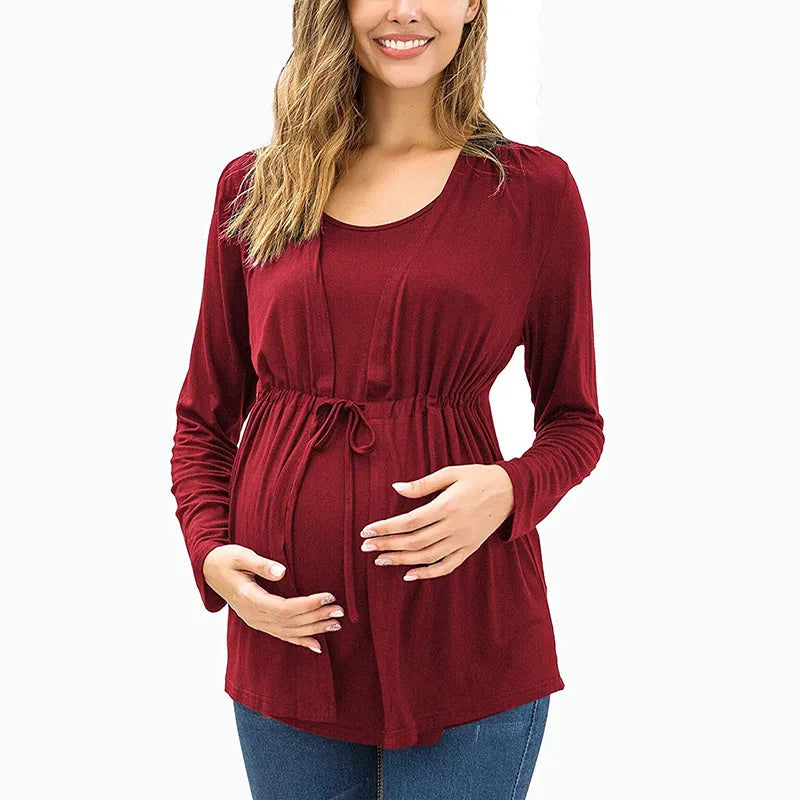 Women's Polyester O-Neck Long Sleeve Solid Pattern Maternity Top