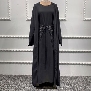 Women's Arabian O-Neck Polyester Full Sleeves Elegant Open Abaya