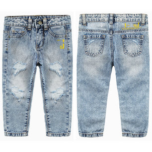 Kid's Cotton Elastic Waist Closure Ripped Denim Casual Jeans