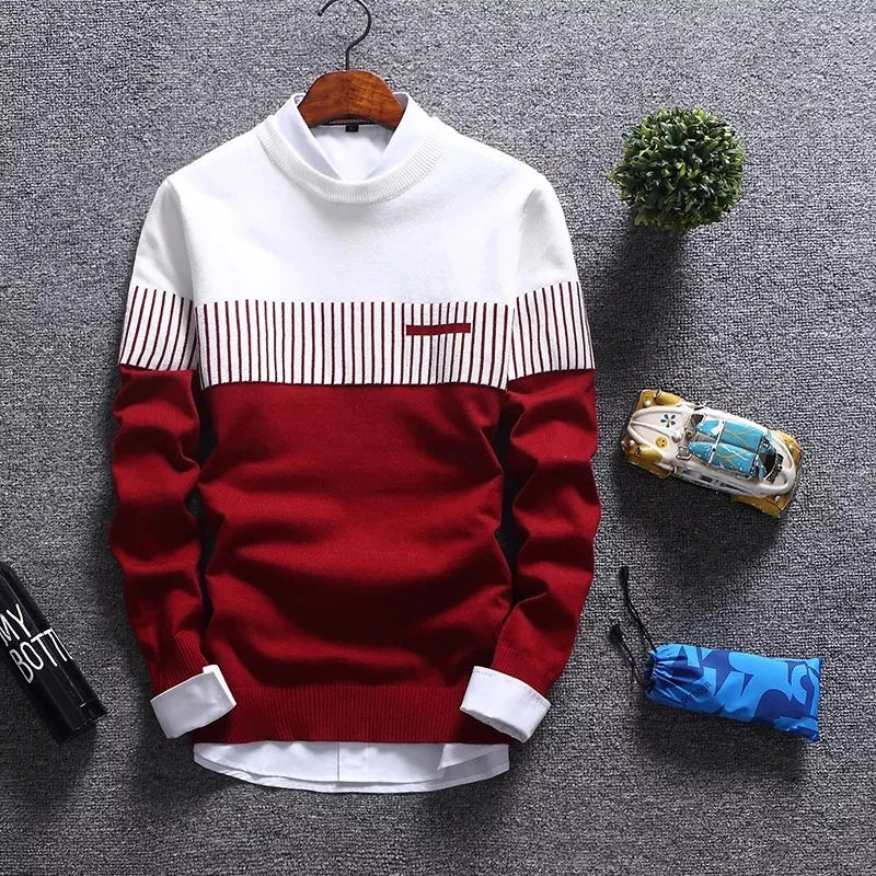 Men's O-Neck Polyester Long Sleeves Striped Pullover Sweater