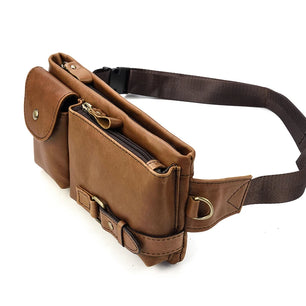 Men's Genuine Leather Solid Pattern Zipper Closure Waist Pack