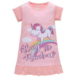 Kid's O-Neck Cotton Short Sleeves Unicorn Pattern Nightgowns