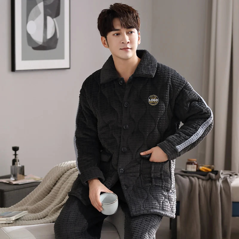 Men's Flannel Turn-Down Collar Full Sleeves Sleepwear Pajamas Set