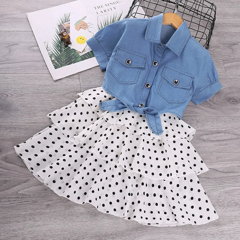 Kid's Cotton Turn-Down Collar Short Sleeve Dotted Pattern Clothes