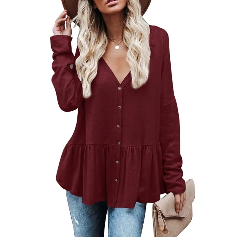 Women's Polyester V-Neck Long Sleeve Solid Pattern Casual Tops