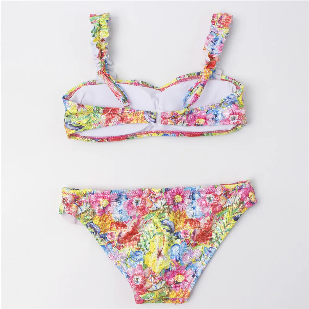 Kid's Polyester Square-Neck Floral Pattern Trendy Swimwear Suit