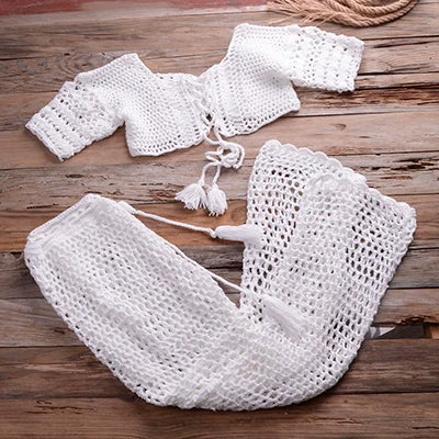 Women's Cotton Square-Neck Swimwear Knitted Pattern Bikini Set