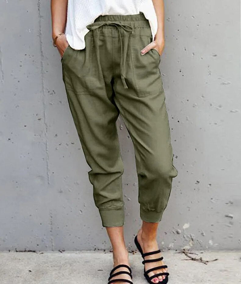 Women's Polyester Drawstring Closure Solid Pattern Casual Trousers