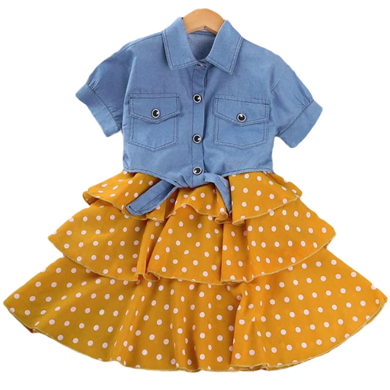 Kid's Cotton Turn-Down Collar Short Sleeve Dotted Pattern Clothes