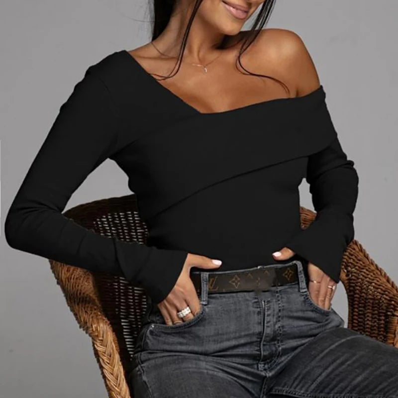 Women's Polyester Deep V-Neck Long Solid Pattern Casual Blouse