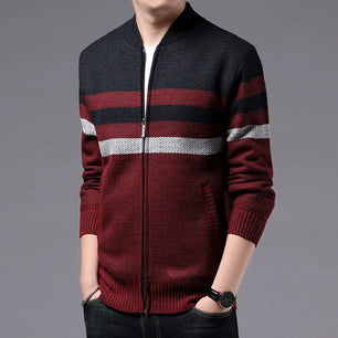 Men's Viscose V-Neck Long Sleeves Striped Pattern Casual Jacket