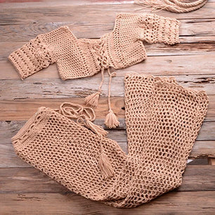 Women's Cotton Square-Neck Swimwear Knitted Pattern Bikini Set