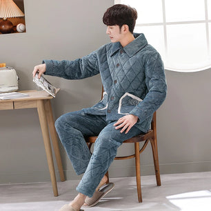 Men's Flannel Turn-Down Collar Long Sleeves Solid Pajamas Sets