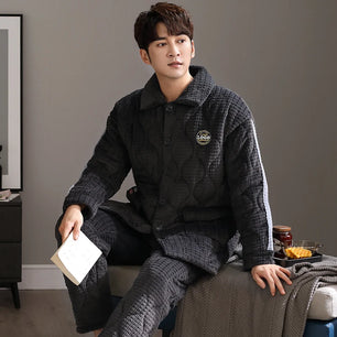 Men's Flannel Turn-Down Collar Full Sleeves Sleepwear Pajamas Set