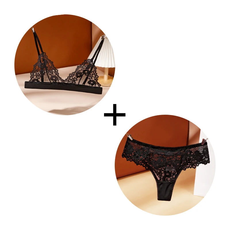 Women's Spandex Lace Back Closure Sexy Push-Up Bra With Panties