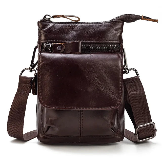 Men's Genuine Leather Solid Pattern Zipper Closure Waist Pack