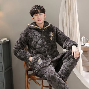 Men's Flannel Full Sleeves Hooded Thick Sleepwear Pajamas Set