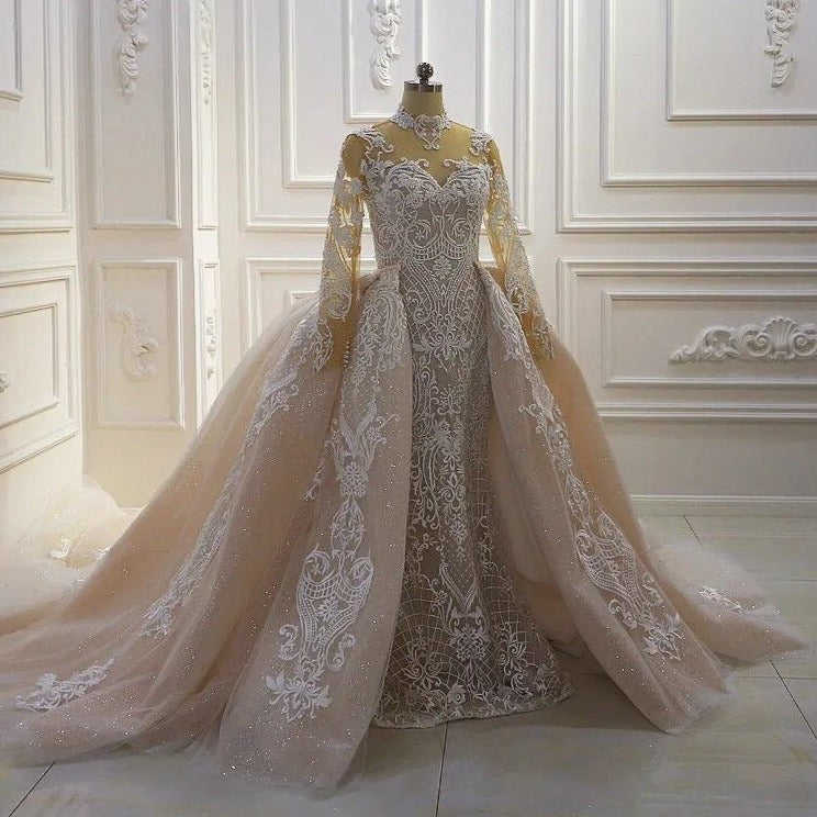 Women's High-Neck Long Sleeves Court Train Bridal Wedding Dress