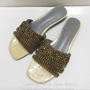 Women's Sequined Cloth Square Toe Slip-On Closure Flat Slippers