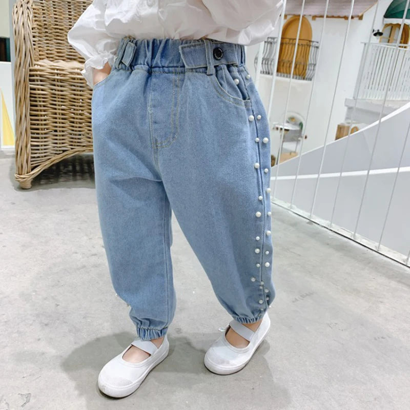 Kid's Cotton Mid Elastic Waist Closure Casual Denim Trousers