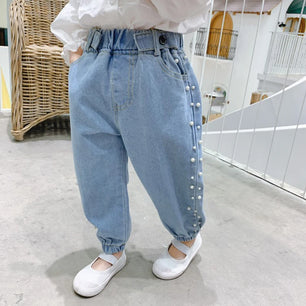 Kid's Cotton Mid Elastic Waist Closure Casual Denim Trousers