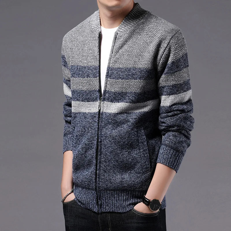 Men's Viscose V-Neck Long Sleeves Striped Pattern Casual Jacket