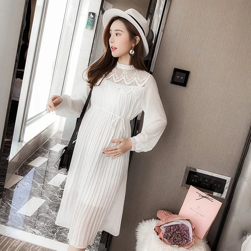 Women's Spandex Boat Neck Long Sleeve Pleated Maternity Dress