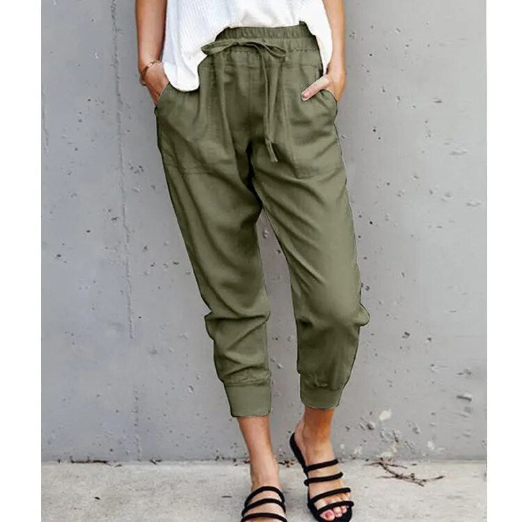 Women's Polyester Drawstring Closure Solid Pattern Casual Trousers