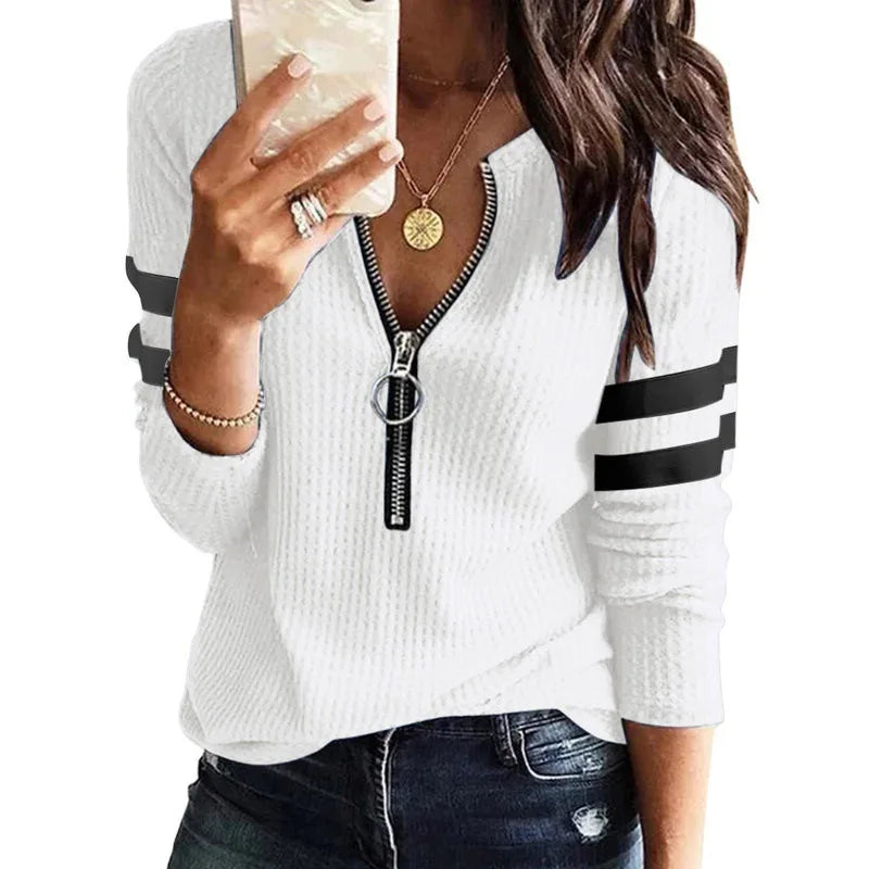 Women's Polyester O-Neck Long Sleeves Striped Pattern Casual Tops