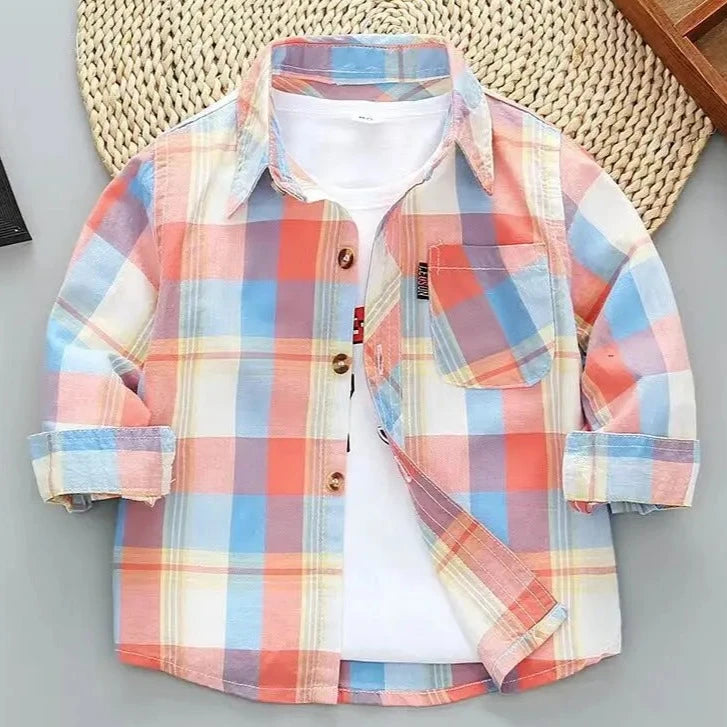 Kid's Cotton Turn-Down Collar Full Sleeve Plaid Pattern Shirt