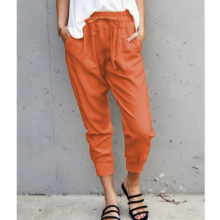 Women's Polyester Mid Waist Drawstring Closure Plain Trousers