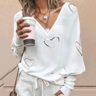 Women's V-Neck Polyester Long Sleeve Heart Pullover Blouses