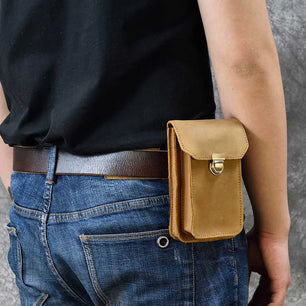 Men's Genuine Leather Solid Pattern Hasp Closure Waist Pack